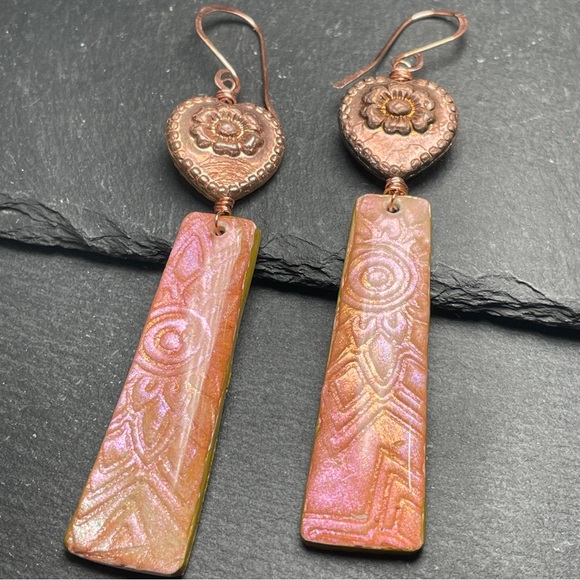 Hand Crafted Copper and Pink Dangle Embossed Resin Heart Earrings - Picture 8 of 13